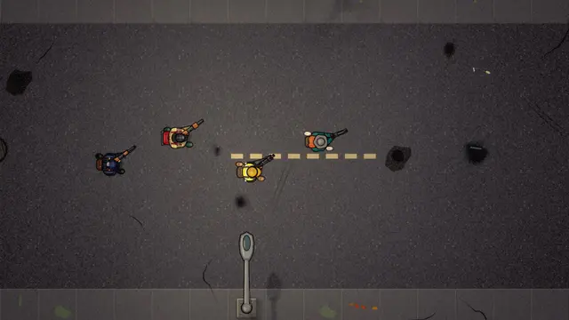 Four survivors in a street, each in their own colour, rifles up.