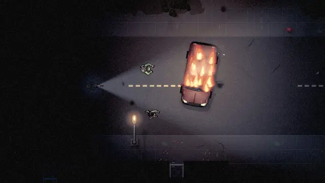 A burning car lights a dark street while a survivor watches from the far side.