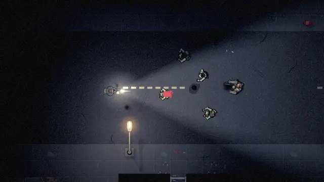 A survivor fires down a dark road, the sick closing in from the right.