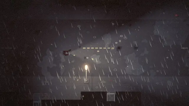 A survivor’s torch cuts through heavy rain.